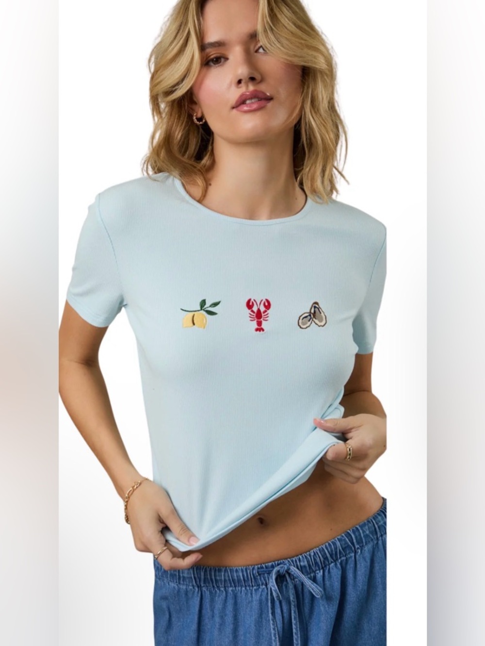 168. Light Blue Embroidered Fruit & Lobster Top